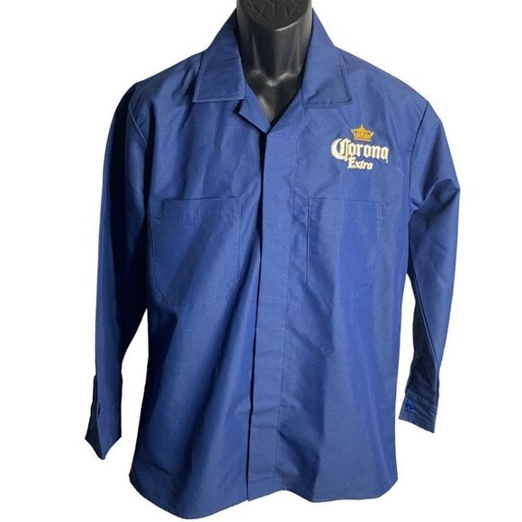 Corona Extra Button Up Work Shirt L Blue Embroidered Long Sleeve Pockets Collar - Picture 2 of 7